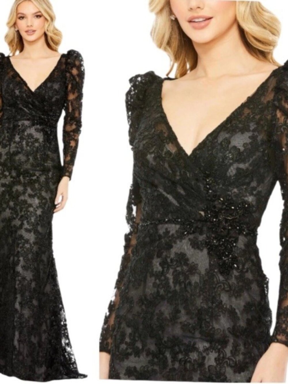 Mac Duggal Size 18 Black 11324 Lace Embroidered Long Sleeve Illusion Gown Dress